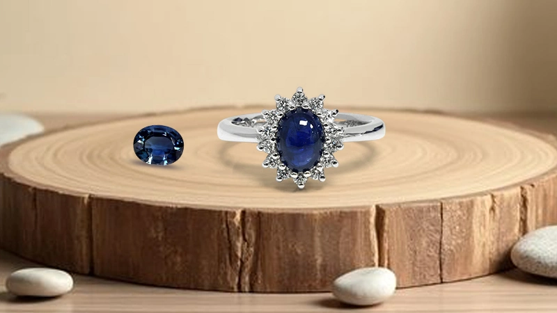 Blue Sapphire Halo Ring with Round Diamonds