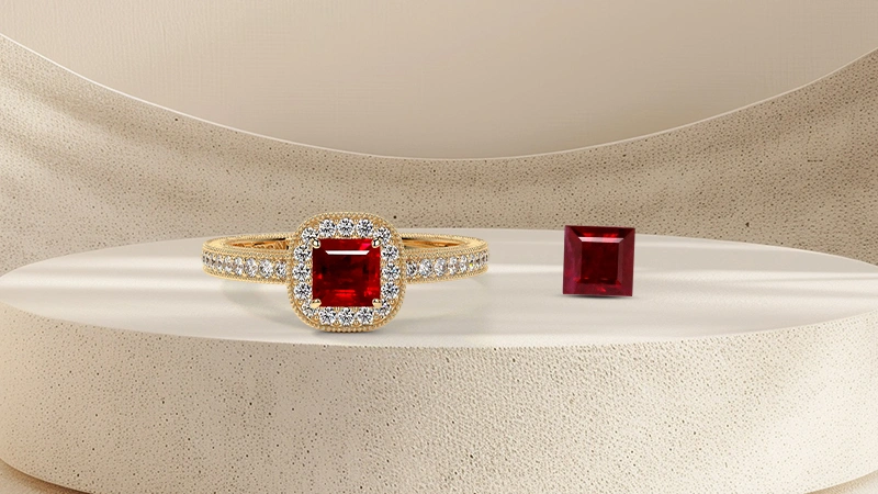 Square Cut Ruby Halo Engagement Ring
