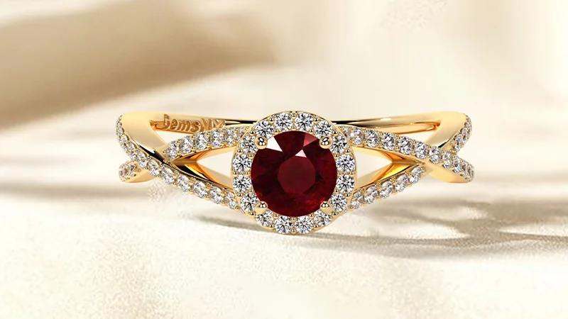 Ruby Round Halo Ring with Intertwined Band