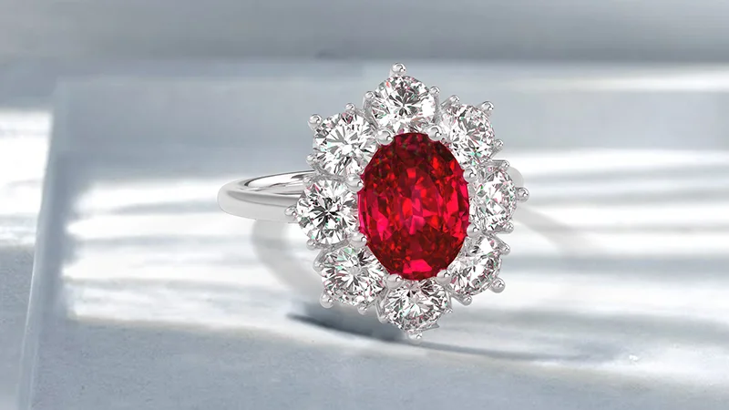 Lab Grown Ruby Round Prong Set Sunburst Diamond Halo Ring