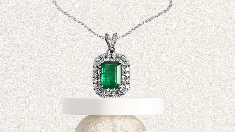 Emeralds Emerald Cut 14k White Gold Halo Pendant