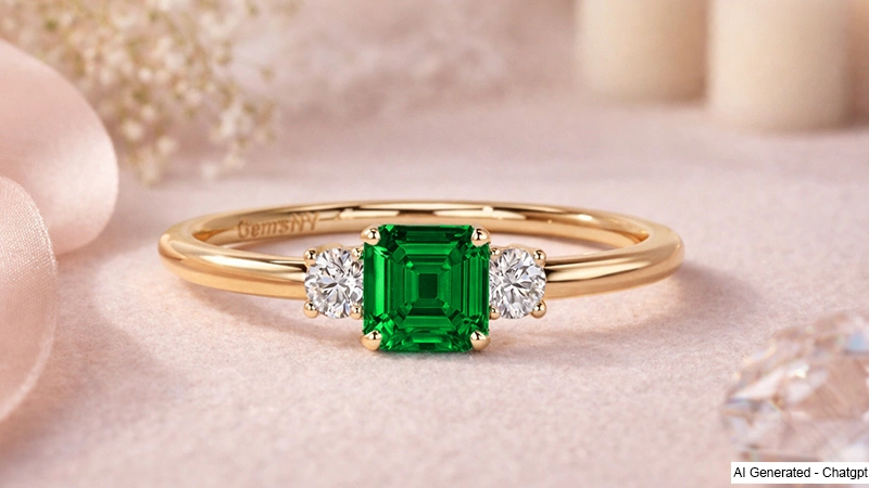 An asscher cut emerald and diamond three stone ring